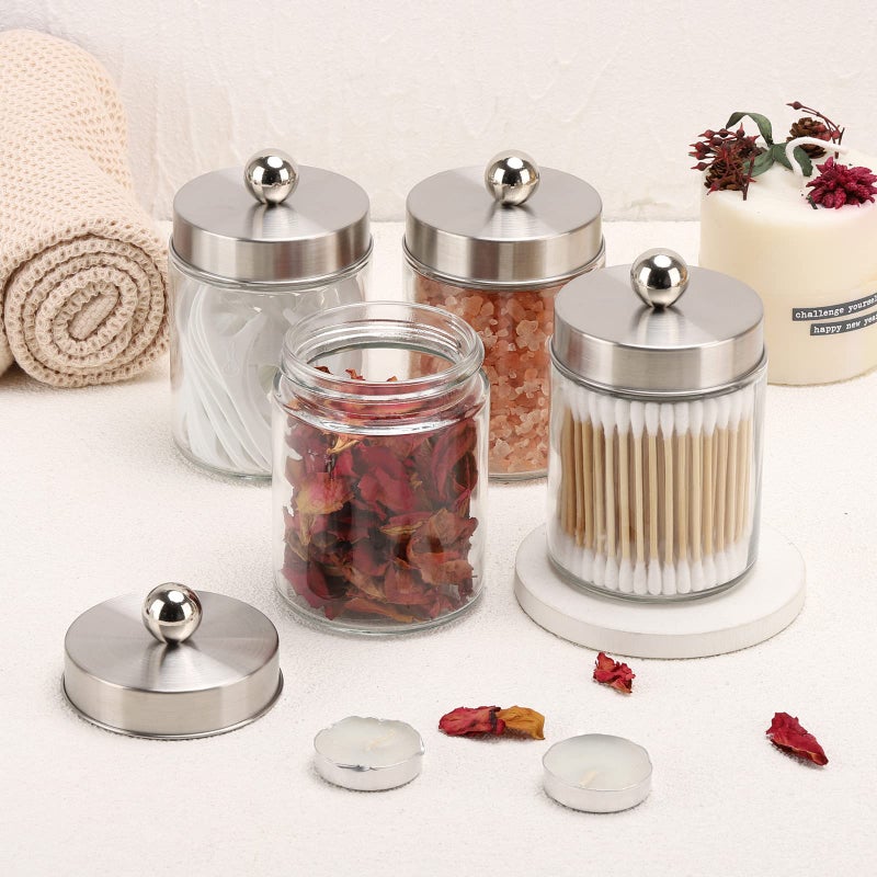 Tbestmax Glass Qtip Holder Dispenser, 10-Ounce Bathroom Containers Apothecary Jars with Metal Lids for Cotton Ball Swab Pad (4 Pack) - Image 5